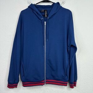 Central Park Sweatshirt Womens M Blue Striped Zip Hoodie Asymmetrical Athleisure